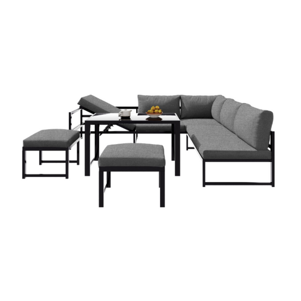 Modular Aluminium Garden Set, 7 Seater – Adjustable Reclining Seat – 2 Sofas, 2 Stools and 1 Table – Grey