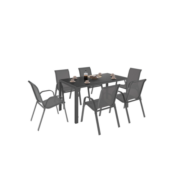MADRID Garden Set, Table 150 cm and 6 Stackable Chairs, Anthracite Grey
