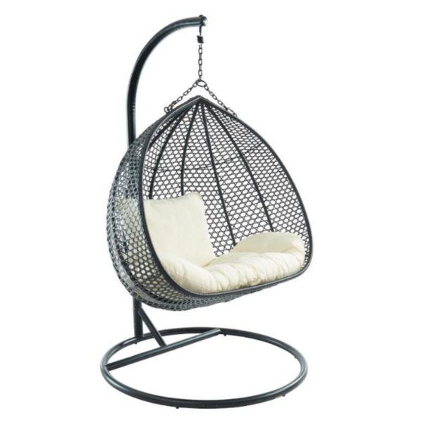 2-Seater Hanging Chair in Woven Resin – Black with White Cushion – MYLIA VAHINA