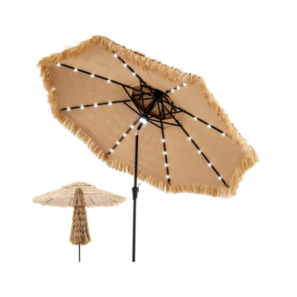 3M PE Straw Parasol with 32 Solar LEDs, Tropical Hawaiian Umbrella with Double Tilting Roof, 8 Ribs, 9 Layers, Crank, Anti-UV