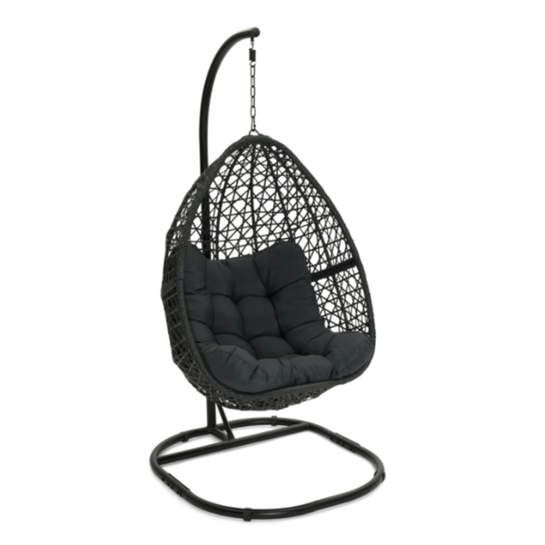 Hanging Moon Chair with Openwork Rattan Effect and Grey Cushion