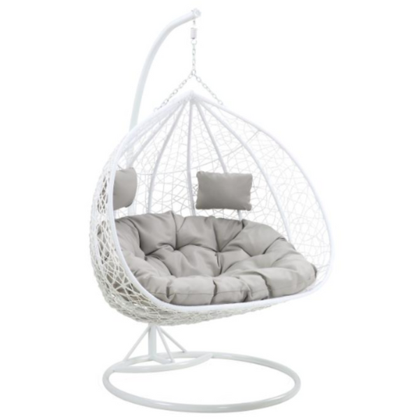 2-Seater Hanging Chair in Woven Resin – White with Grey Cushions – MYLIA CAYAMBE
